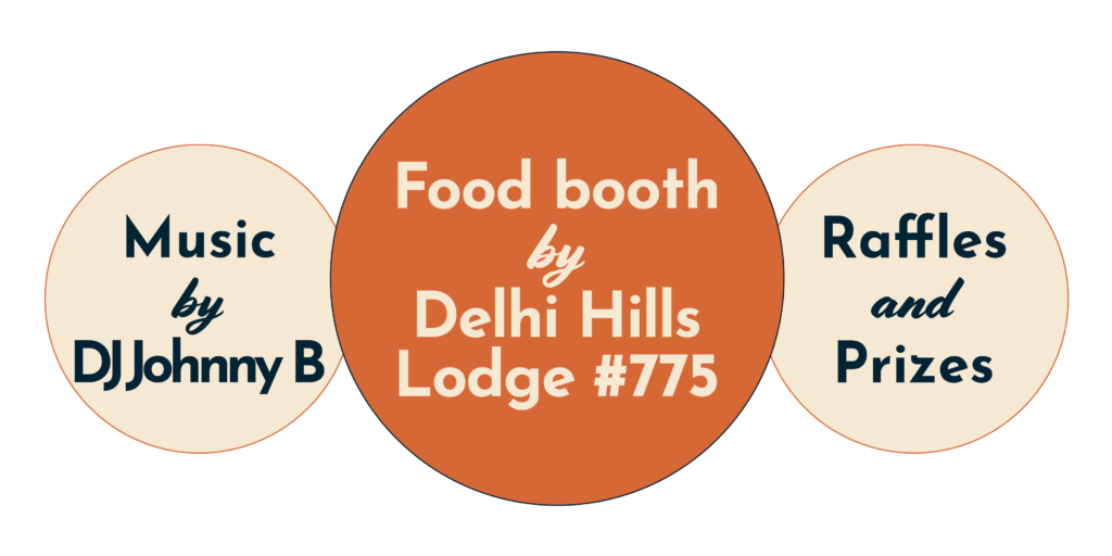 Music by DJ Johnny B, Food Booth by Delhi Hills Lodge #775, Raffles and Prizes